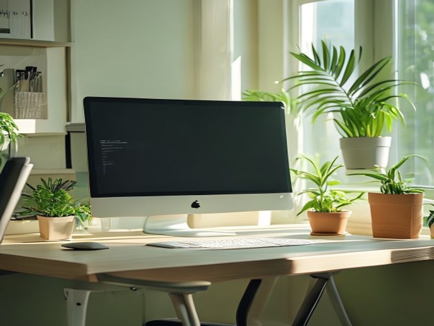 Moderni avokonttorin työympäristö, jossa on ergonoomiset työpaikat ja vihreitä kasveja